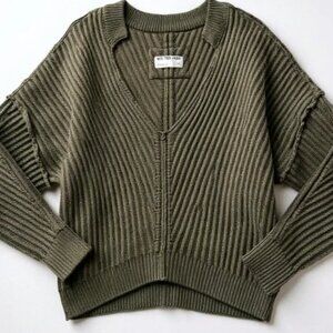 We The Free People Olive Green FREEWAY Cotton Knit V Neck Oversized Sweater XS